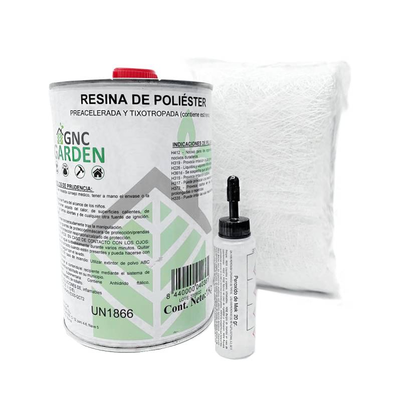 GNCGarden Reparatur-Set aus Polyesterharz, 1 kg (1 kg Harz + 1 m² Mat-300 + 25 g, Katalysator zum Aushärten des Harzes). Verstärkungsmaterial und Strukturmaterial. von GNCGarden