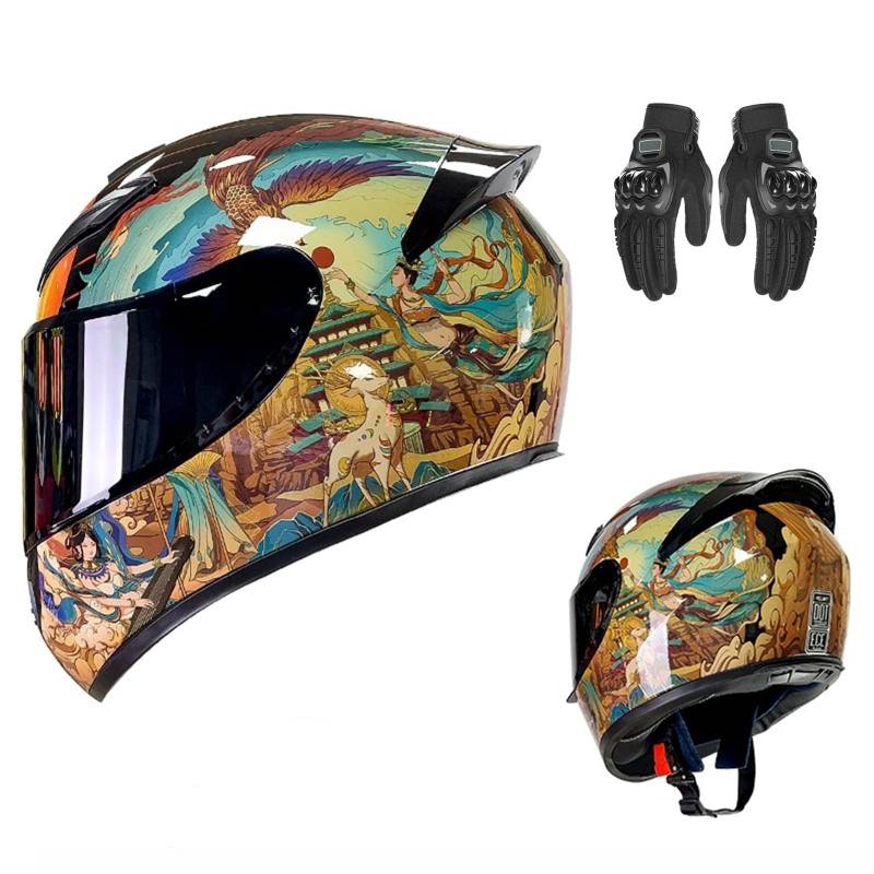 Integraler Motorradhelm Mit Spoiler Und Motorradhandschuhen, DOT/ECE-Zulassung, Herausnehmbares Innenfutter S (55-56cm) von GNIUBBDB