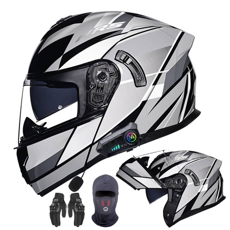 Modularer Bluetooth-Motorradhelm, Motorradhelm Mit DOT/ECE-Zulassung, Hochklappbarer Vollgesichts-Antibeschlag-Doppelvisierhelm Mit Integriertem Doppellautsprecher Für Erwachsene A,XXL (61-62cm) von GNIUBBDB