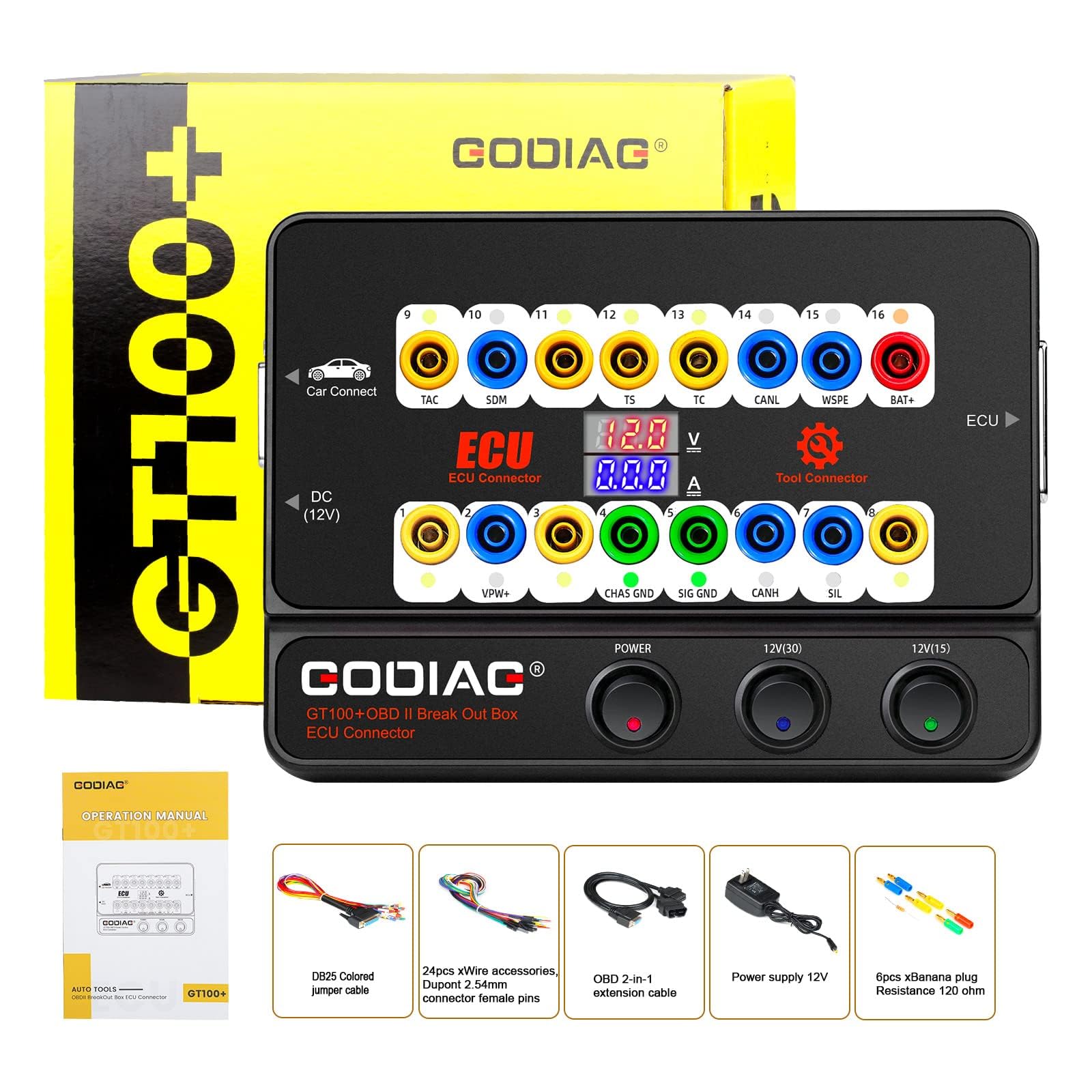 GODIAG GT100+ OBDII Breakout Box, ECU Wartungsdiagnose Diagnosewerkzeuge Multifunktions-Jumper OBD Diagnosegerät CANBUS/K-Line Protokoll-Detektorfür ECU Bench Testing, Check Engine von GODIAG