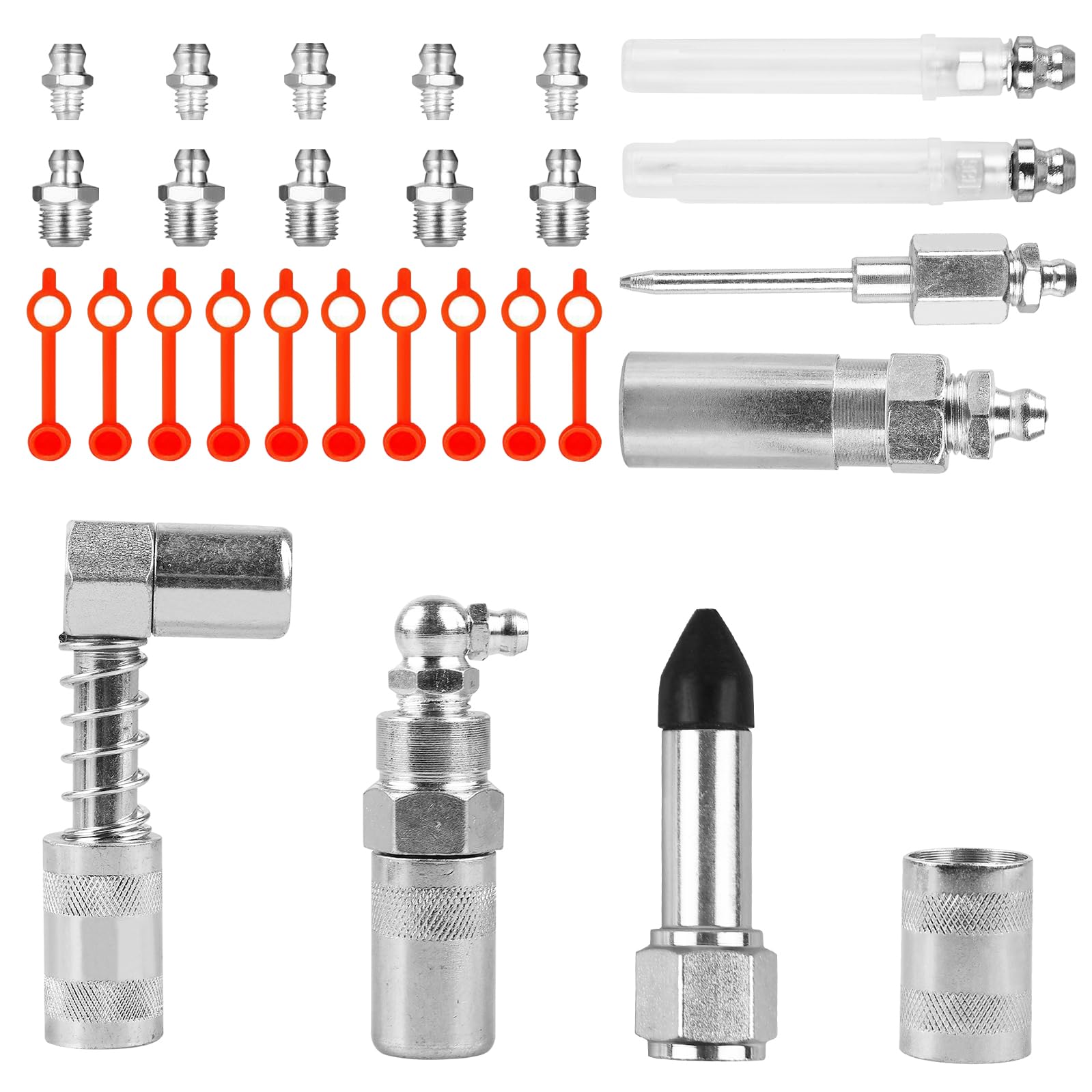 GOEDCH Fettpresse Adapter Set: 18 Stück Fettpresse Aufsatz für Schmiernippel, Fettpresse Mundstück Set, Fettpistolenzubehör Set, 7 Typen Schmierpresse Anschluss Nippel, für die Meisten Fettpressen von GOEDCH