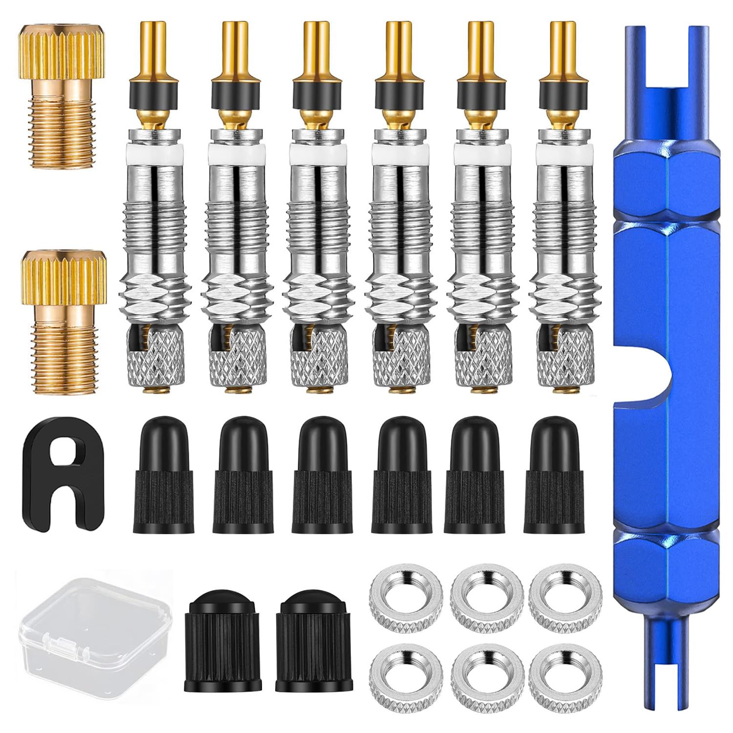 Französisches Presta, 24 Stücke Ventil Ersatz Set, Fahrrad Ventileinsatz Set mit Ventilkappen, Französisches Ventil Adapter, Ventileinsatzentfernungswerkzeug, Ventilschutzkappen, Felge Mutte von GOIEHIR