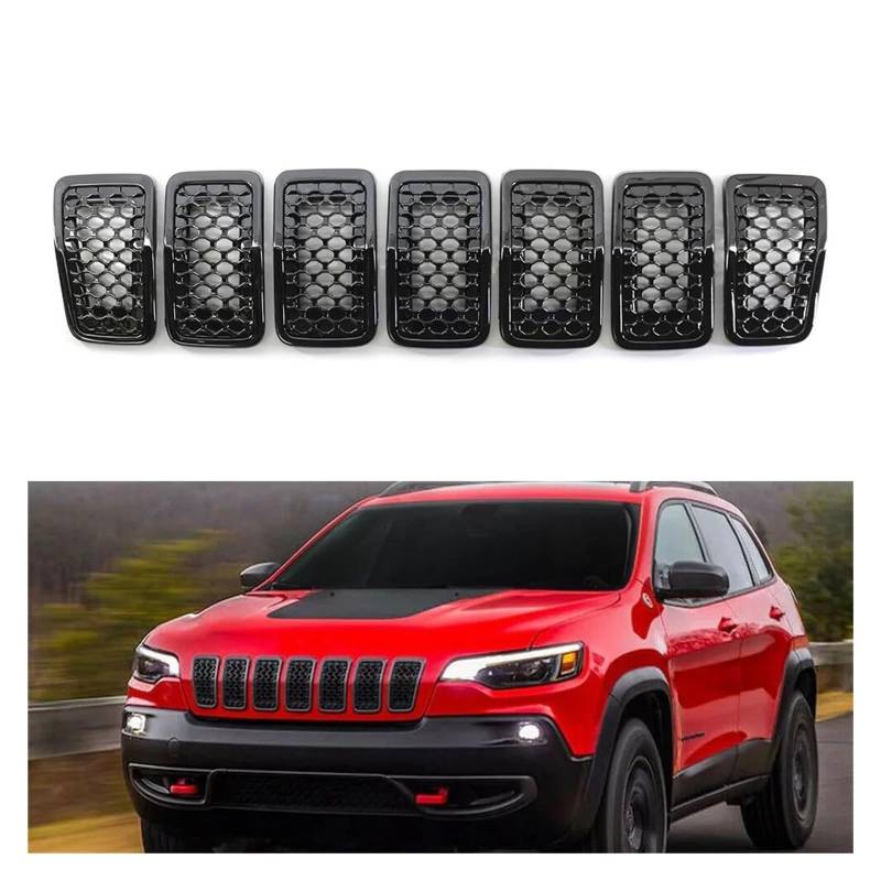 Kühlergrill 7Pcs Glänzend Schwarz/Chrom Auto Vorderen Stoßfänger Niere Mesh Grille Zubehör Für Jeep Für Cherokee 2019 2020 2021 2022 Nieren Kühlergrill(Glossy Black) von GOINTDJD