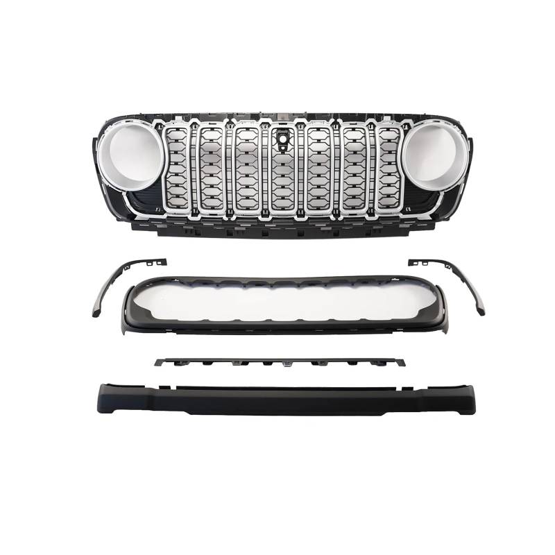 Kühlergrill Für Jeep Für Wrangler JL JT 2018 2019 2020 2021 2022 2023 2024 Mit Kamera Loch Matte Schwarz Front Stoßstange Mesh Grille Nieren Kühlergrill(Silber) von GOINTDJD