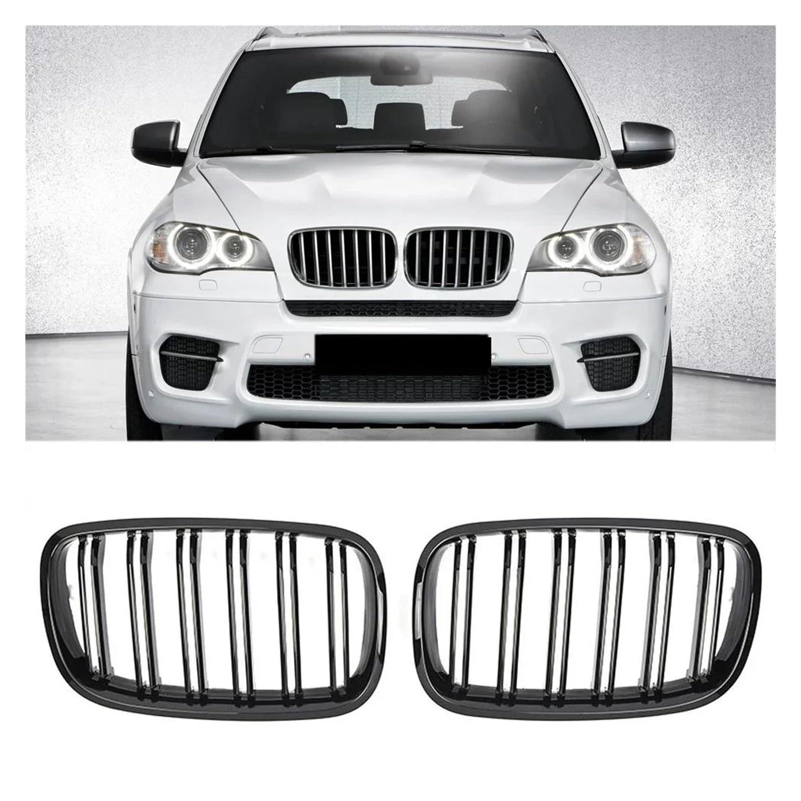 Kühlergrill Für X5 E70 2007-2013 X6 E71 E72 2008-2014 Autozubehör Glanzschwarz Carbon Style Front Nieren Doppellamellengrill Nieren Kühlergrill(Glossy Black) von GOINTDJD