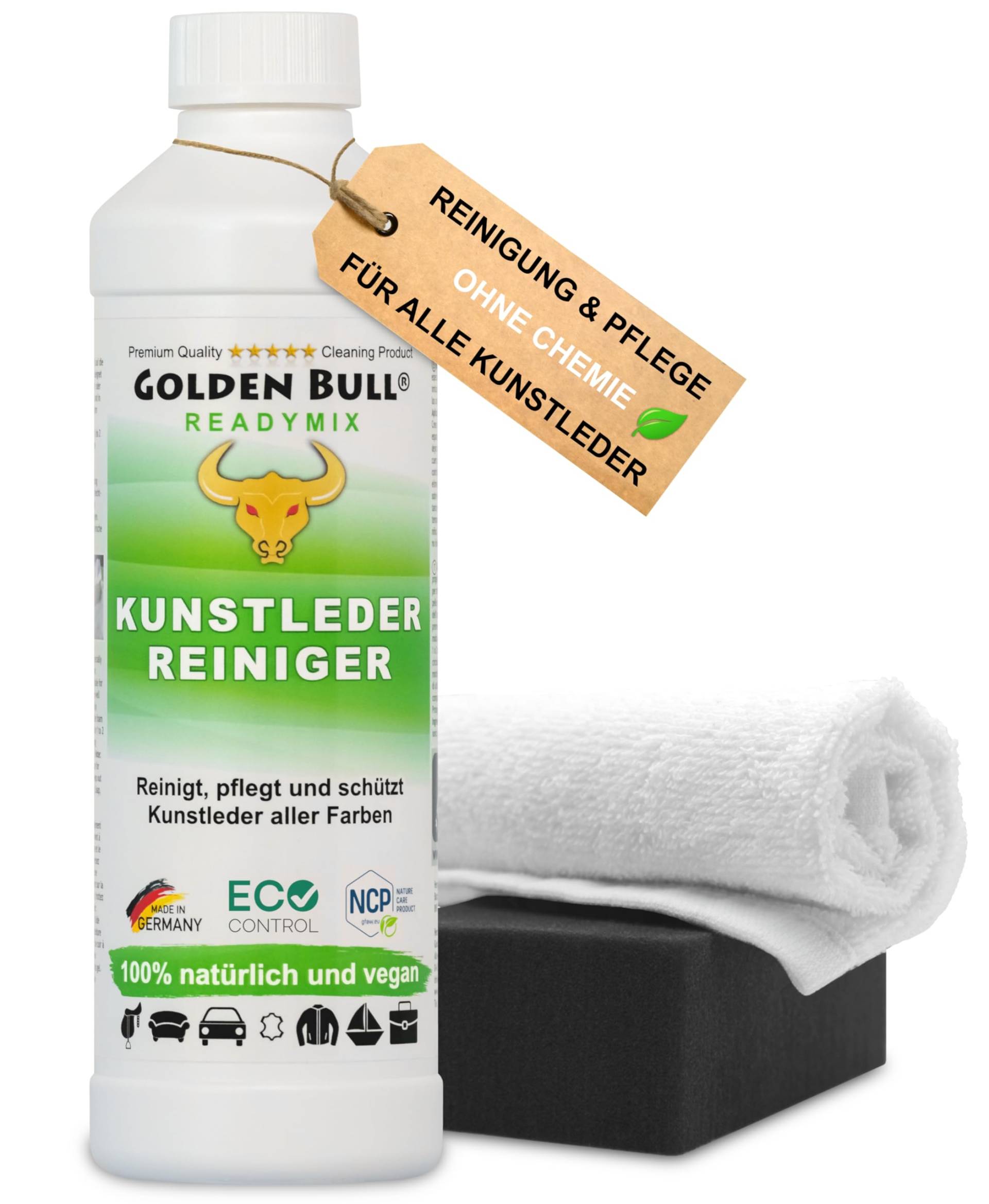 Golden Bull® Kunstleder Reiniger & Kunstleder Pflege Set [VEGAN - OHNE Chemie] Kunstlederreiniger 500ml, Schwamm, Tuch - Kunstleder-Pflegemittel im Pflegeset für Reinigung von Auto, Sofa & Couch von GOLDEN BULL Lederreinigung und Pflege