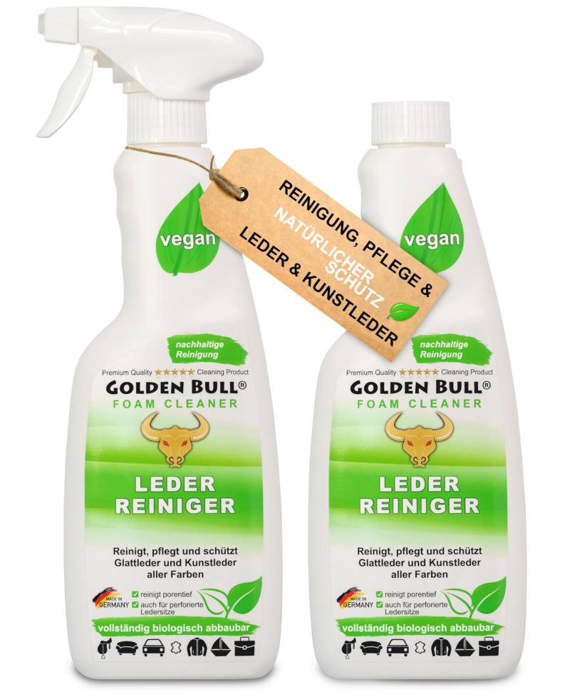 Golden Bull® Lederreiniger & Lederpflege Auto Sofa 2x500ml [STARK UND VEGAN] Leder Kunstleder Reiniger Schaum Spray mit Kokosöl für Reinigung & Pflege von Ledersitz, Autositz, Ledercouch von GOLDEN BULL Lederreinigung und Pflege