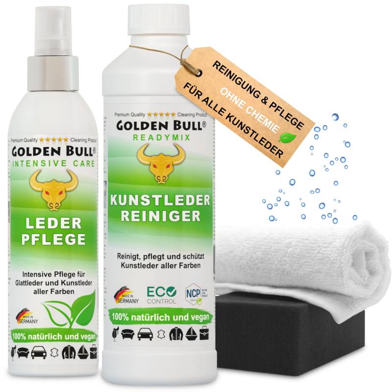 Golden Bull® Kunstleder Reiniger & Kunstleder Pflege Set intensiv [VEGAN - OHNE Chemie] Kunstlederreiniger 500ml, Kunstlederpflegespray 250ml, Schwamm, Tuch – Kunstlederpflege für Auto, Sofa & Couch von GOLDEN BULL Lederreinigung und Pflege