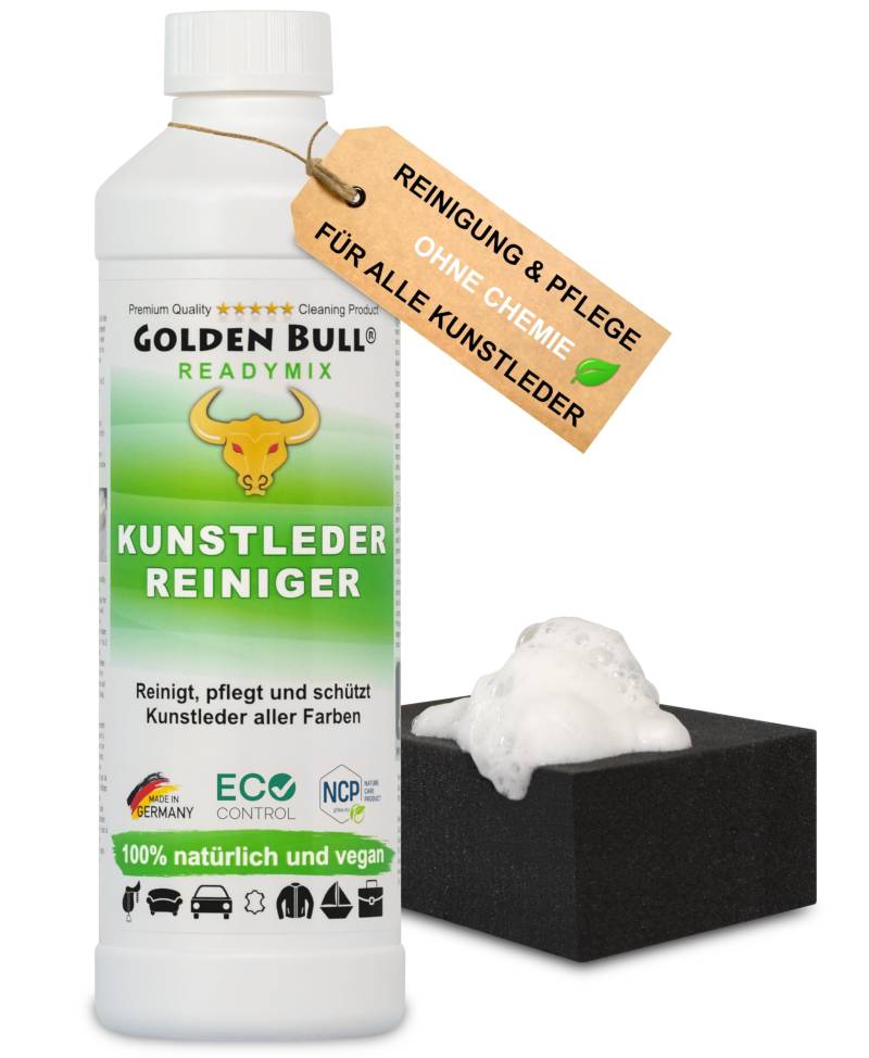 Golden Bull® Kunstleder Reiniger & Kunstleder Pflege 500ml + Schwamm [VEGAN - OHNE CHEMIE] Kunstlederreiniger für Auto, Sofa, Couch Reinigung - Natürliches Kunstleder-Pflegemittel mit Farbauffrischung von GOLDEN BULL Lederreinigung und Pflege