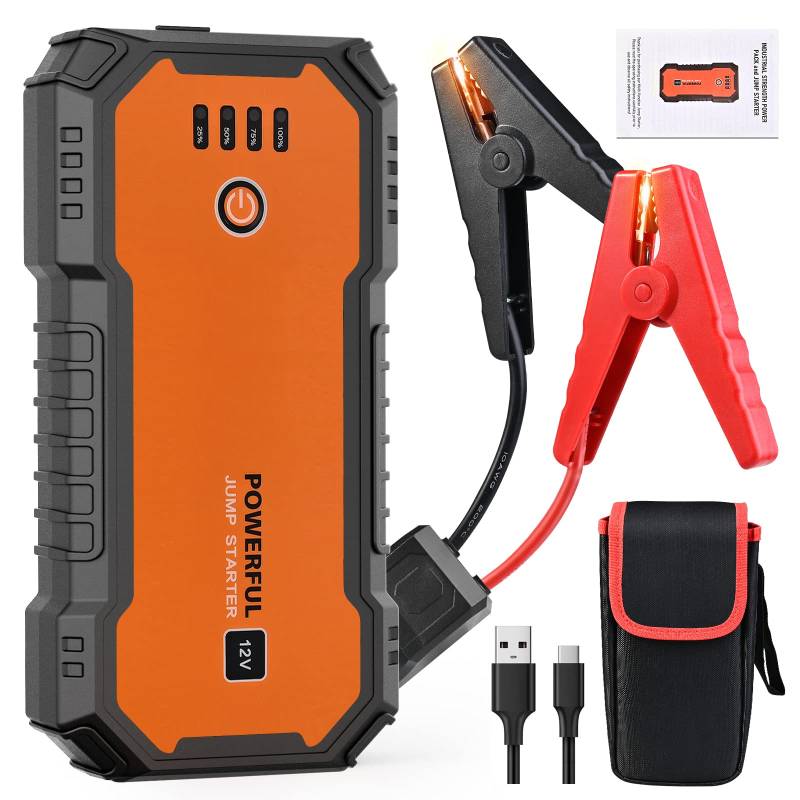 GOLDGE Starthilfe Powerbank, 27000mAh Auto Starthilfe, 2000A 12V Auto Batterie Booster mit Starthilfekabel für 6.0L Benzin und 3,5L Diesel, Tragbare USB Ladegerät mit LED Taschenlampe von GOLDGE