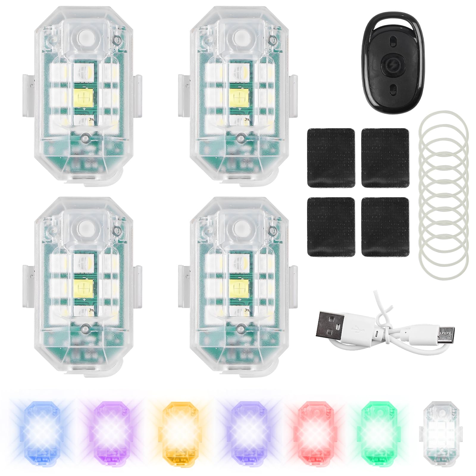 GOMETY 4 Stück Auto Fernbedienung Blitzlicht, 7 Farben Drahtlose Auto LED Blitzlichter mit Fernbedienung und USB-Aufladung, LED Flugzeug Blitzlichter Blitzleuchte für Auto LKW, Motorrad, Drohne (M3) von GOMETY