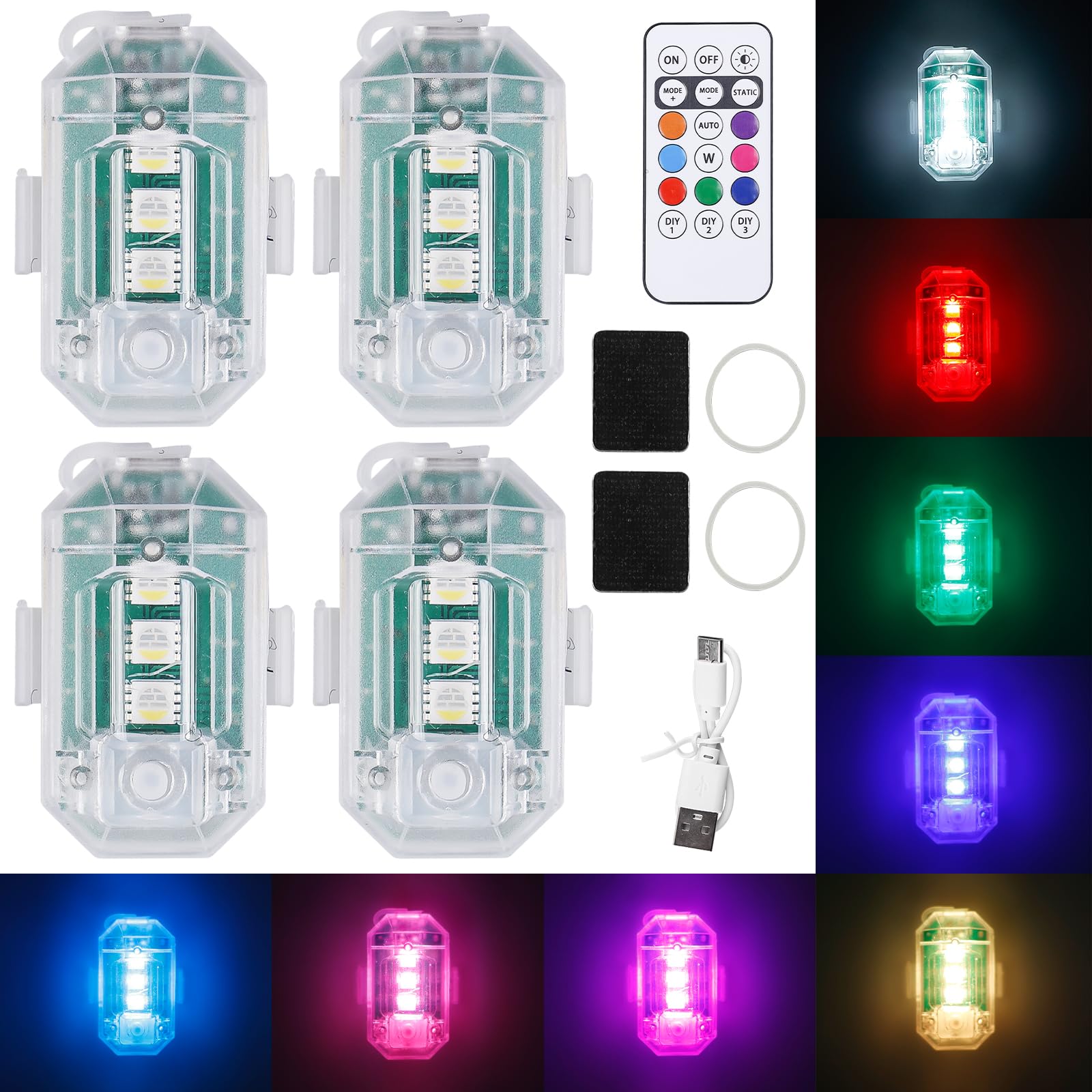 GOMETY 4 Stück Auto Fernbedienung Blitzlicht, 8 Farben Drahtlose Auto LED Blitzlichter mit Fernbedienung und USB-Aufladung, LED Flugzeug Blitzlichter Blitzleuchte für Auto LKW, Motorrad, Drohne von GOMETY