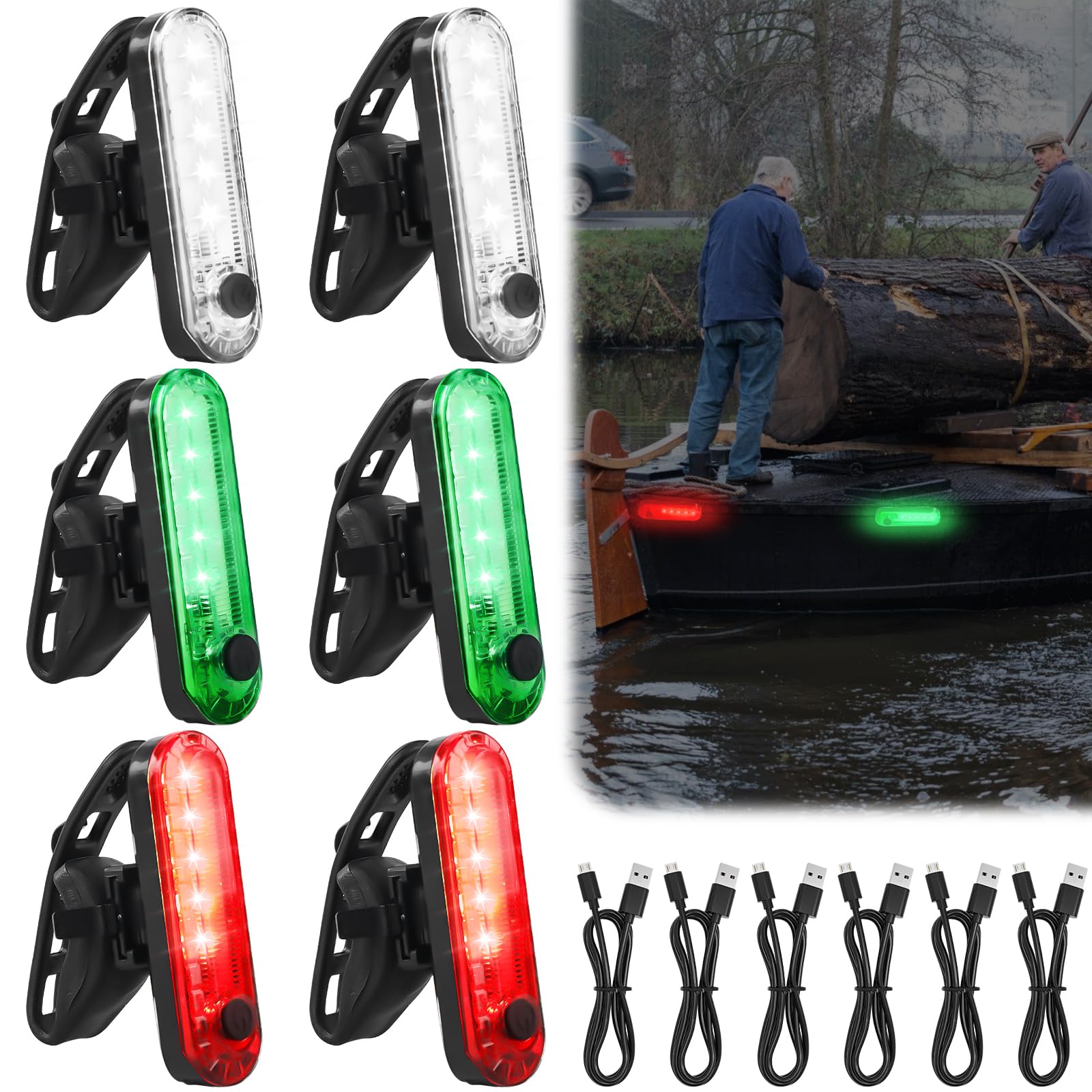 GOMETY 6 Stück LED Navigationslichter für Boote, USB Ladekajaklichter mit 3 Arten Blinkmodus Bootshecklichter Boots Buglichter LED Bootslichter, Signalleuchte fur Marine Boot Yacht Kanu Kajak von GOMETY