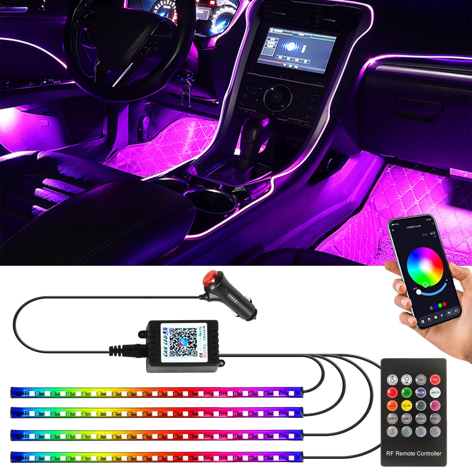 GOMETY Auto LED Innenbeleuchtung, 4pcs 72 LED Streifen RGB Auto Innenraumbeleuchtung Ambientebeleuchtung 12V Zigarettenanzünder LED Strip mit APP Steuerung & Fernbedienung Dynamic Music Neon von GOMETY