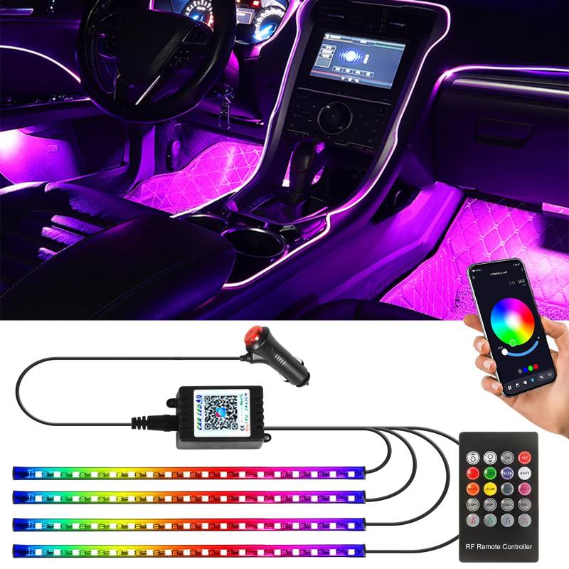 GOMETY Auto LED Innenbeleuchtung, 4pcs 72 LED Streifen RGB Auto Innenraumbeleuchtung Ambientebeleuchtung 12V Zigarettenanzünder LED Strip mit APP Steuerung & Fernbedienung Dynamic Music Neon von GOMETY