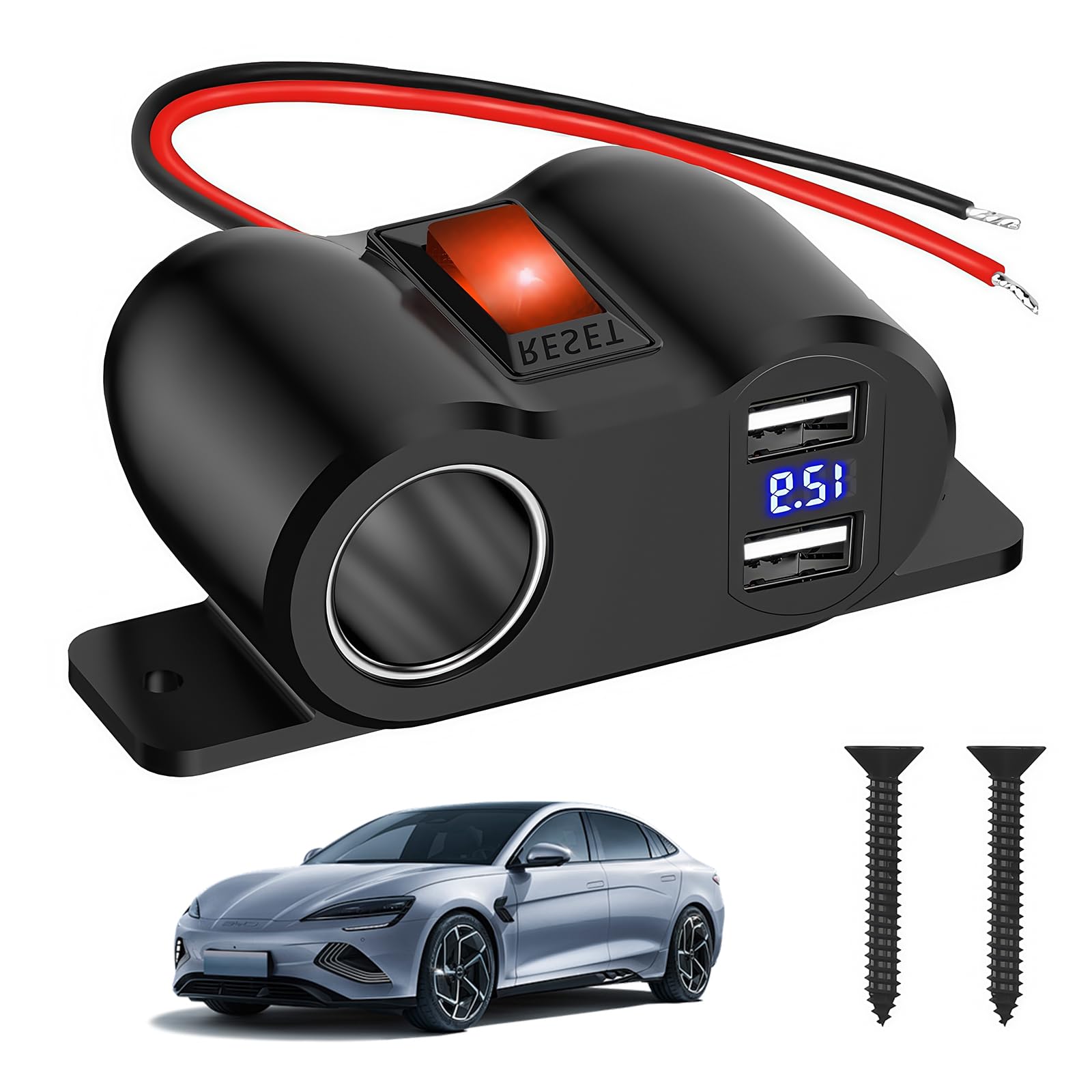 Zigarettenanzünder Verteiler, DC 12V/24V 2 Fach Zigarettenanzünder Steckdosensplitter mit LED Digital Voltmeter, Autoladegerät Splitter mit Dual USB A Steckdose für 12V/24V Auto SUV RV LKW Boot von GOMETY