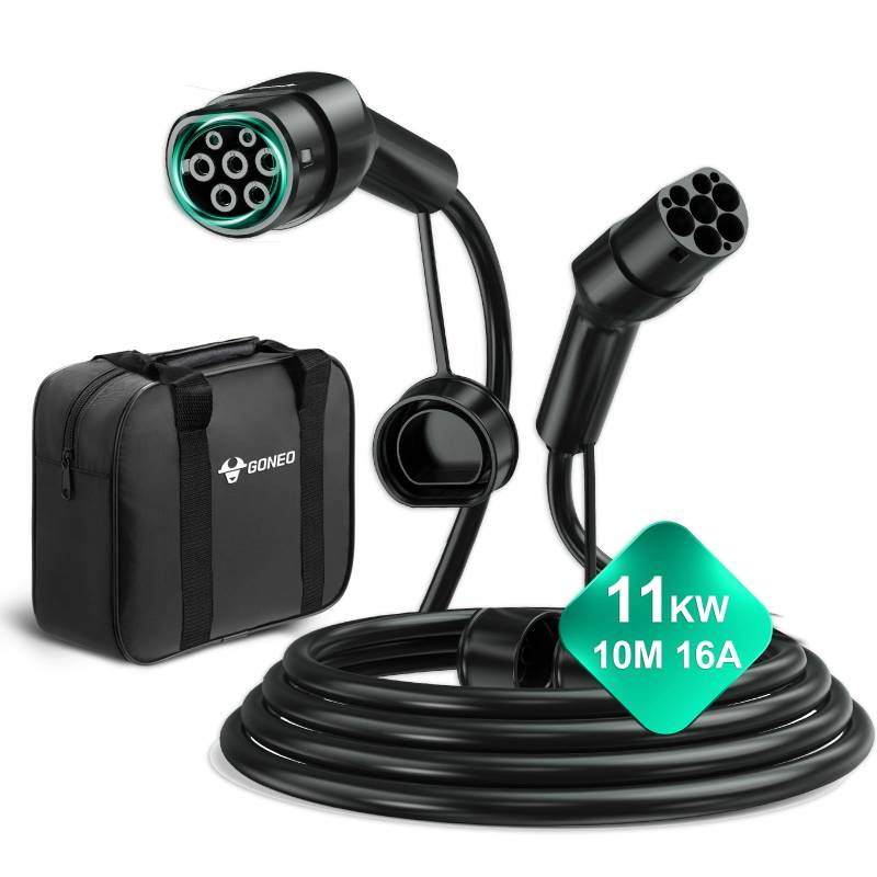 GONEO Typ 2 Ladekabel, 11KW 10M 16A 3 Phasig Ladekabel Typ 2 Modus 3, Typ 2 auf Typ 2 EV Ladekabel für Elektroauto PHEV mit Tragetasche für Model S/X/Y/3, ID.3, ID.4 von GONEO