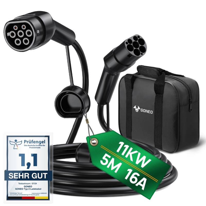 GONEO Typ 2 Ladekabel 11kW 5M 16A Ladekabel Elektroauto Typ 2 3 Phasig für E Auto EV/PHEV Typ 2 auf Typ 2 Mode 3 Ladekabel mit Tasche Geeignet für Model S/3/X/Y e-Golf ID.3 i3/i8 von GONEO