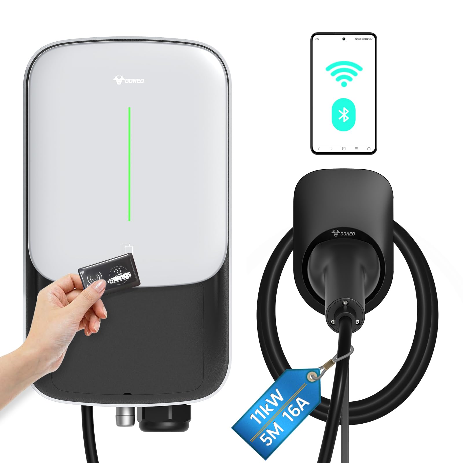 GONEO Wallbox 11kW 16A EV Ladestation 3-phasig mit 5m Typ 2 Ladekabel für EV/PHEV Ev-Ladegerät mit RFID-Karte IP65 IK10 Schutz WiFi App-Steuerung Schnelle Installation von GONEO