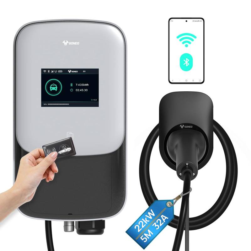 GONEO Wallbox 22kW 8-32A EV Ladestation 3-phasig mit 5m Typ 2 Ladekabel für EV/PHEV Ev-Ladegerät mit RFID-Karte IP65 IK10-geschützter TFT-Bildschirm WiFi-App-Steuerung Schnelle Installation von GONEO