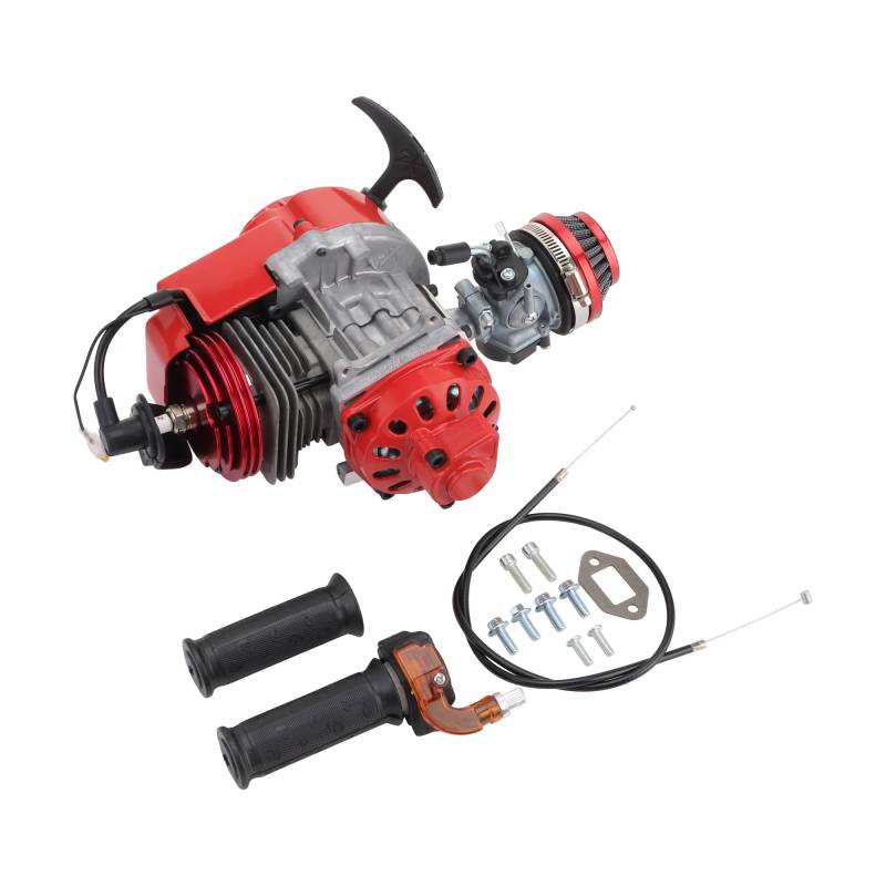 GOOFIT Modifizierter 2-Takt Motor 49CC mit Rückstoßstarter Vergaser Lenker Gaszug Luftfilter Ersatz für Mini Dirtbike DIY Motortaschenrad Gas G-Scooter ATV Quad Rot von GOOFIT