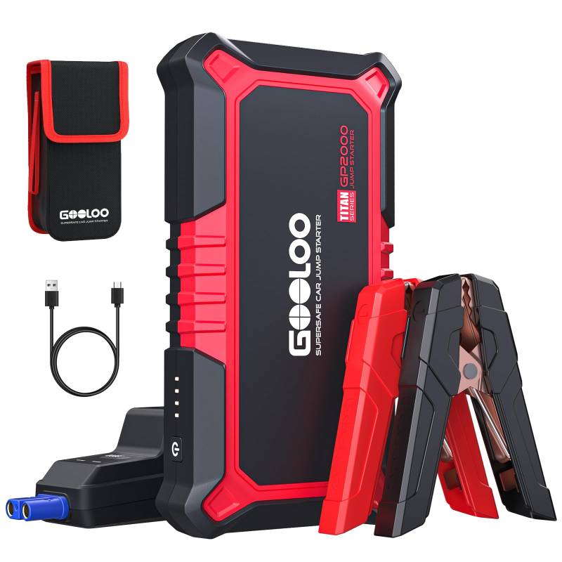 GOOLOO GP2000 Auto Starthilfe Powerbank, 2000A Spitze Starthilfe, Supersafe 12V Booster Auto Starthilfe, Tragbare Auto Starthilfe mid Intelligentes Starthilfekabel, für 8.0L Benzin und 6.0L Diesel von GOOLOO