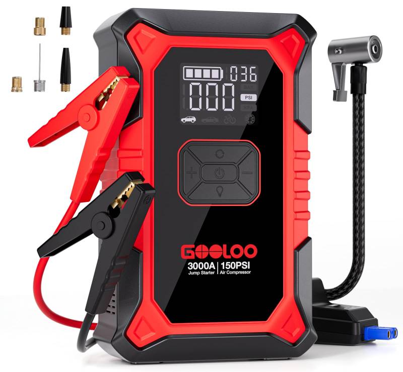 GOOLOO 3000A Starthilfe Powerbank mit Kompressor, 150PSI Spitzenstrom Starter Powerbank für 12V Fahrzeuge(Bis zu 9.0L Benzin/6.5L Diesel), Tragbare Auto Starthilfe mit Digitale und LED von GOOLOO