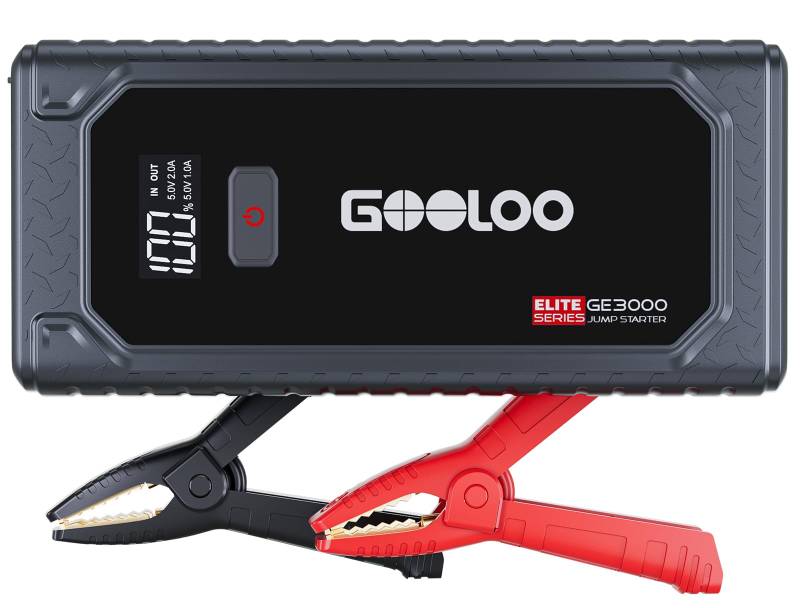 GOOLOO GE3000 Starthilfe Powerbank, 3000A Booster Auto Starthilfe Für 12V(Höchststart von 8,5L Benzin/6,0L Diesel), Mit LED und Anzeige, Jump Starter Inklusive USB-Ladekabel und Starthilfekabel von GOOLOO