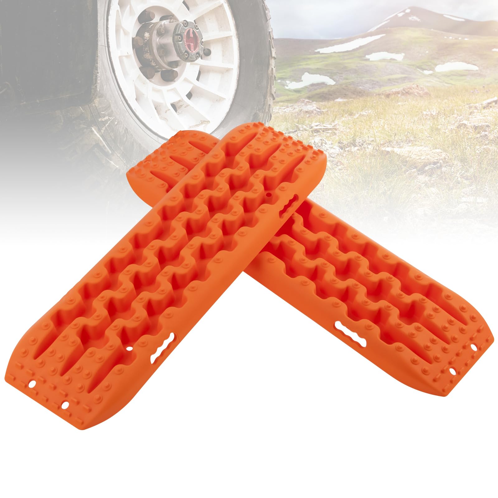 GOPLUS 2 x Sandbleche Anfahrhilfe, Recovery Board Offroad Tracks max. 10T Last, Traktionshilfe Traktionsmatte Auto bei Schnee, Schlamm, Sand, Reifenleiter für PKW, LKW (107 × 31 × 7 cm,Orange) von GOPLUS