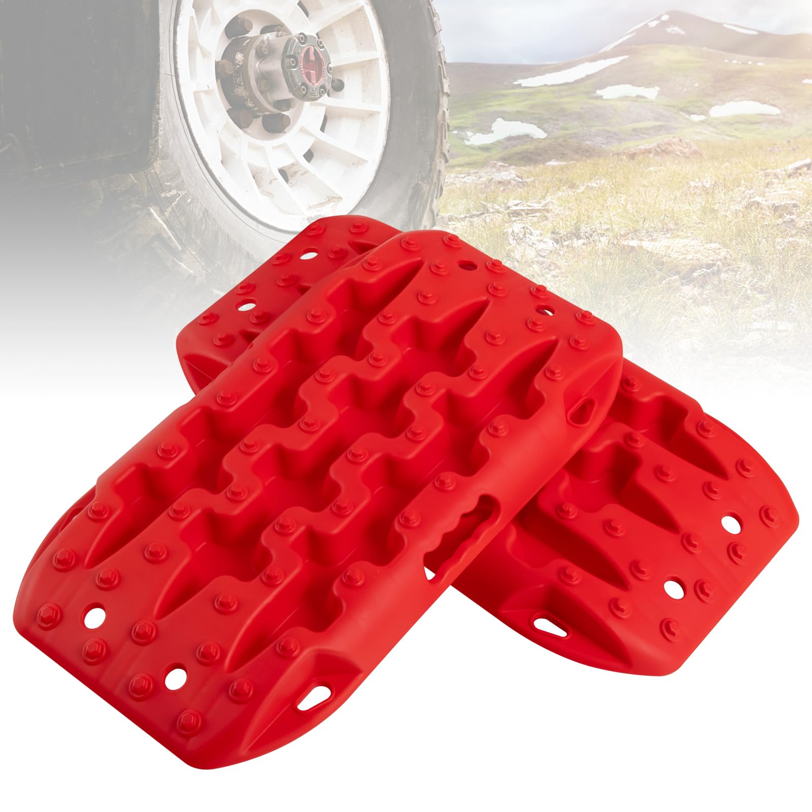 GOPLUS 2 x Sandbleche Anfahrhilfe, Recovery Board Offroad Tracks max. 10T Last, Traktionshilfe Traktionsmatte Auto bei Schnee, Schlamm, Sand, Reifenleiter für PKW, LKW (58 × 31 × 6 cm,Rot) von GOPLUS