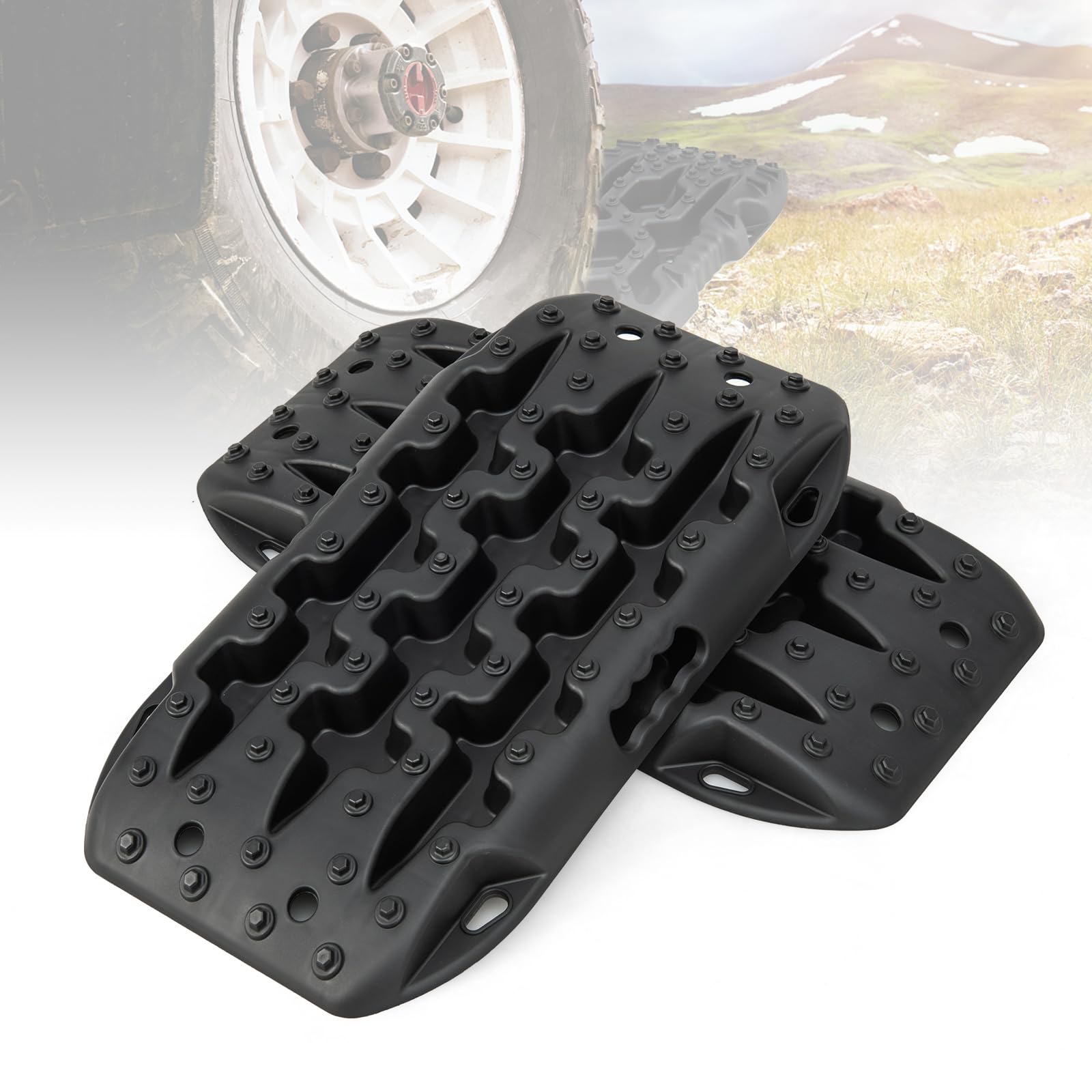 GOPLUS 2 x Sandbleche Anfahrhilfe, Recovery Board Offroad Tracks max. 10T Last, Traktionshilfe Traktionsmatte Auto bei Schnee, Schlamm, Sand, Reifenleiter für PKW, LKW (58 × 31 × 6 cm,Schwarz) von GOPLUS