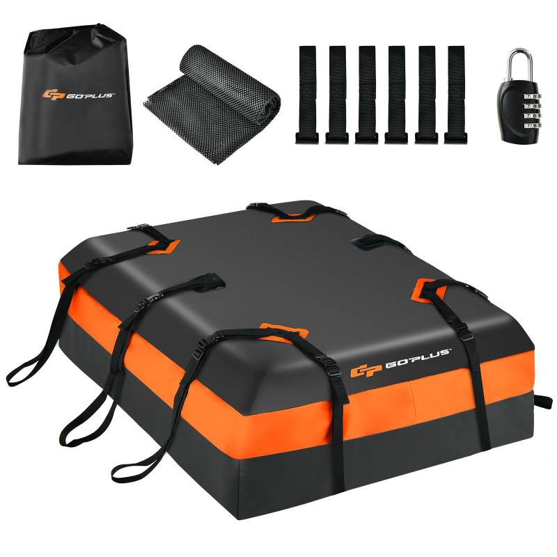 GOPLUS 424L Auto Dachbox, Faltbare & wasserdichte Dachtasche mit Anti-Rutsch-Matte, Schloss & 6 Türhaken, Dachkoffer für alle Fahrzeuge mit/ohne Gepäckträger, für Reisen Gepäcktransport (Orange Stil) von GOPLUS