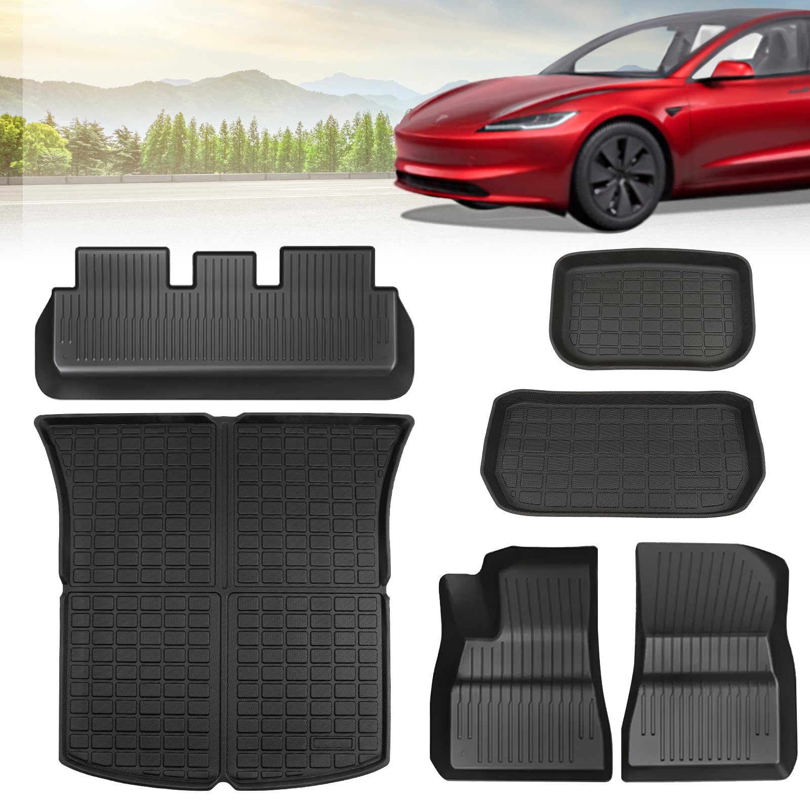 GOQELK Tesla Model 3 Fußmatten 2024-3D Vollset, Allwetter, rutschfest, wasserdicht, Frunk und Kofferraummatten Zubehör, kompatibel mit Model 3 von GOQELK