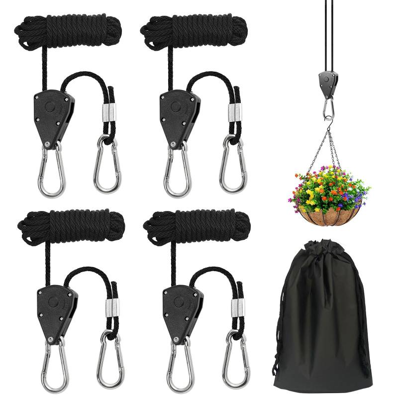 4 Stück Verstellbarer Seil Ratsche mit Haken, 1/8 Zoll Ratchet Hanger with Waterproof Storage Bag, Einstellbare Seil Seilhaken Ratsche Seilratsche 2.4m für Pflanzenventilator Licht Zimmerpflanzen von GOTFUN