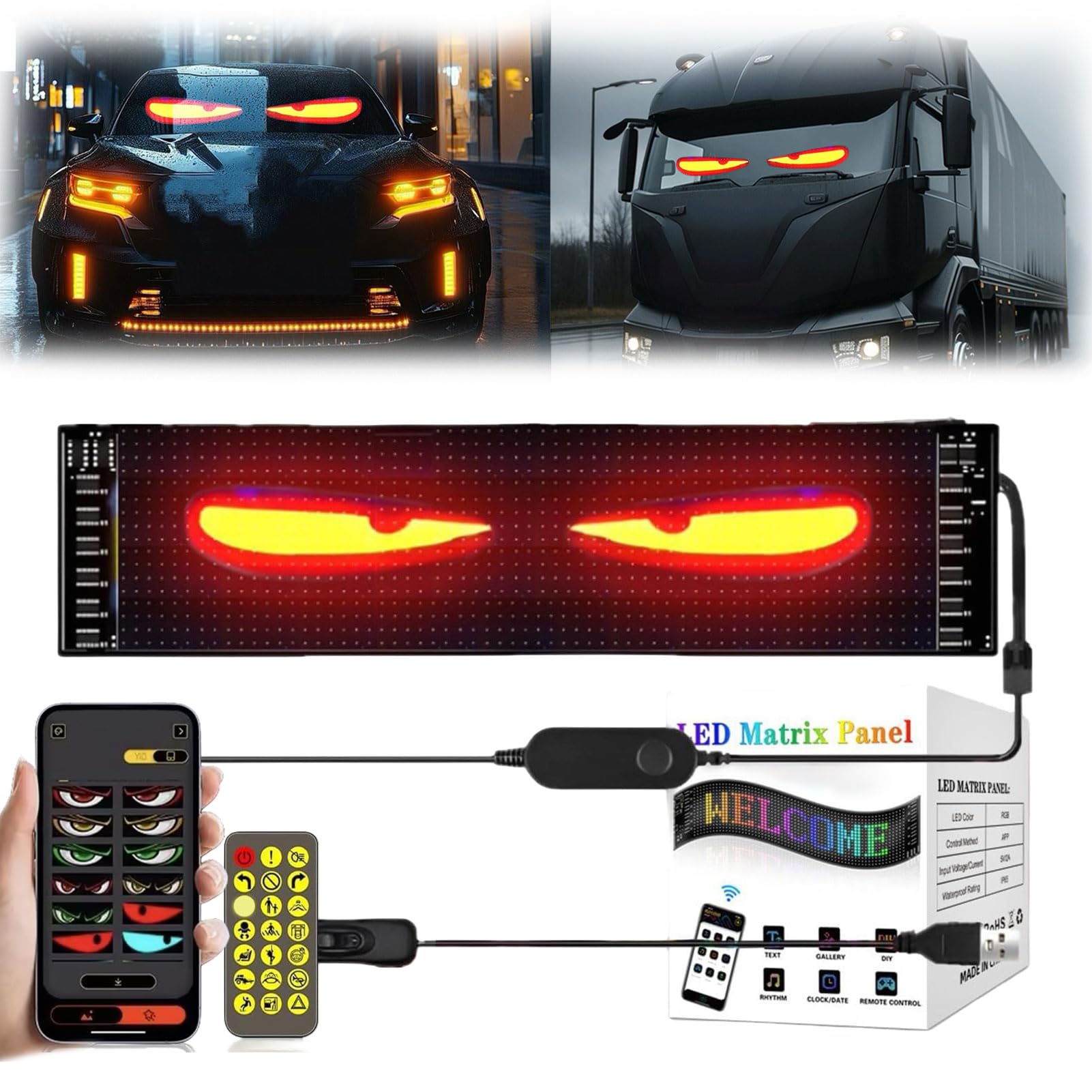 Led Augen Auto LKW: Teufelsaugen Frontscheibe Heckscheibe Wasserdicht Smart DIY Programmierbare USB Led Display Ultradünnes Flexibles Dynamic Soft Screen Matrix Panel (1 stück, 10.2x34.8 cm) von GOZYLA