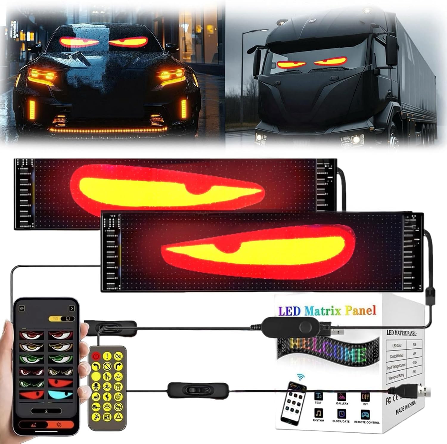 Led Augen Auto LKW: Teufelsaugen Frontscheibe Heckscheibe Wasserdicht Smart DIY Programmierbare USB Led Display Ultradünnes Flexibles Dynamic Soft Screen Matrix Panel (2 stück, 10,2x34,8 cm) von GOZYLA