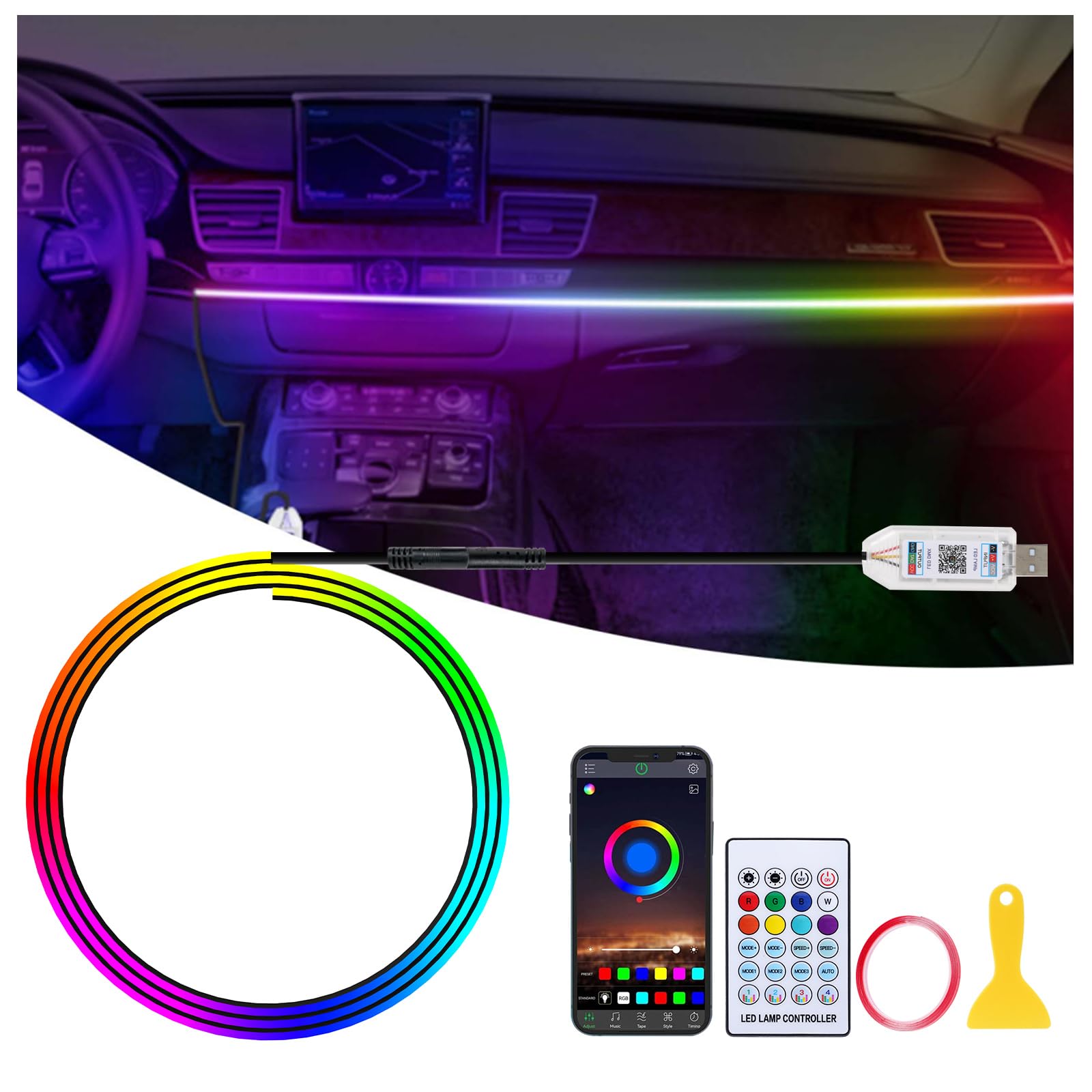 Acryl Auto LED Innenbeleuchtung, RGB Ambientebeleuchtung Auto Strip 110cm 146LEDs mit 219 Szenen-Optionen, APP-Steuerung, USB-Port Auto innenraumbeleuchtung für Auto, Geschenke für Männer Frauen von GPJYD