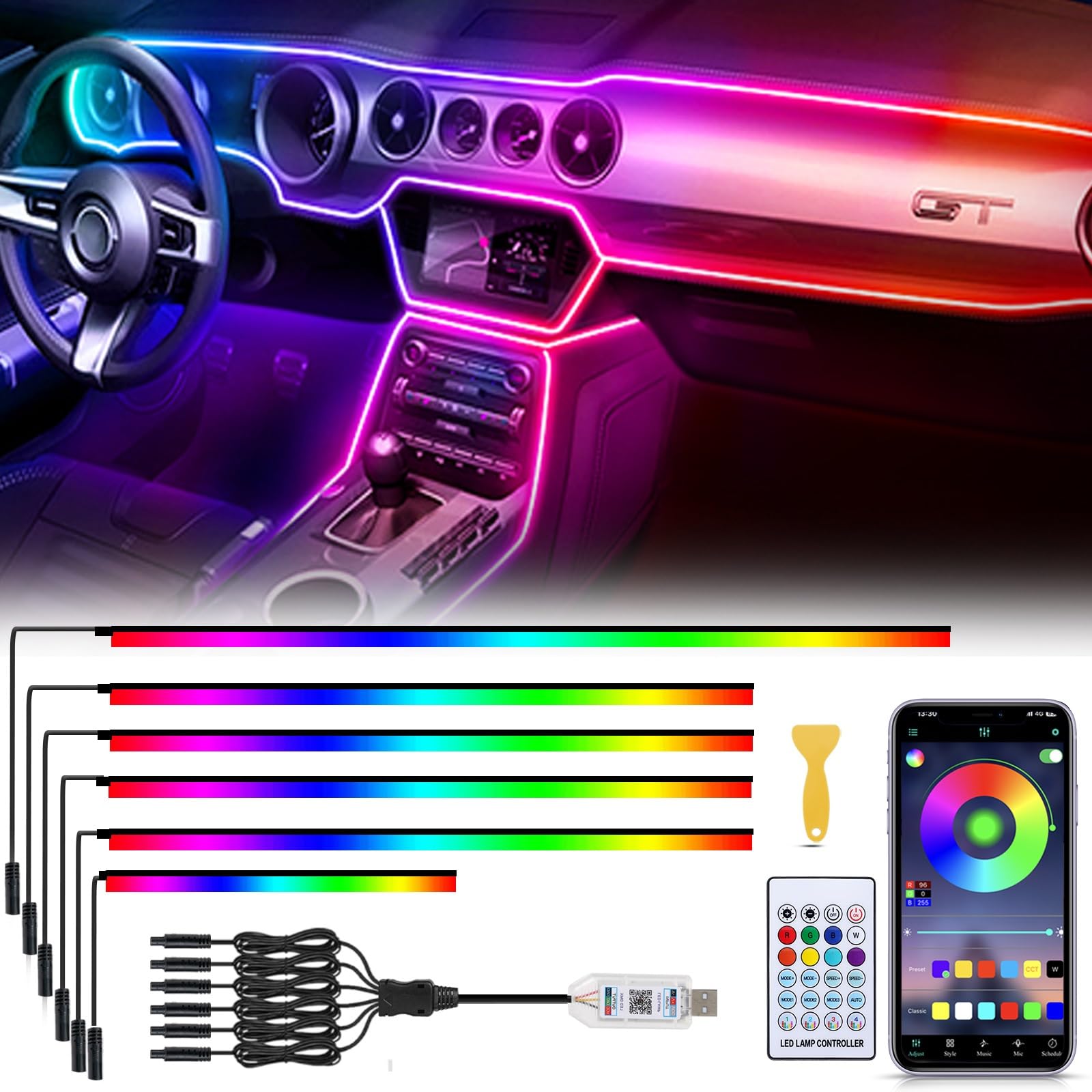 GPJYD Acryl 6 IN 1 Auto Ambientebeleuchtung, RGB LED Auto Innenbeleuchtung Strip Lights 445cm 584 LEDs mit 16 Millionen Farben, 210 Dynamische, USB-Port Auto LED Innenbeleuchtung für Auto von GPJYD