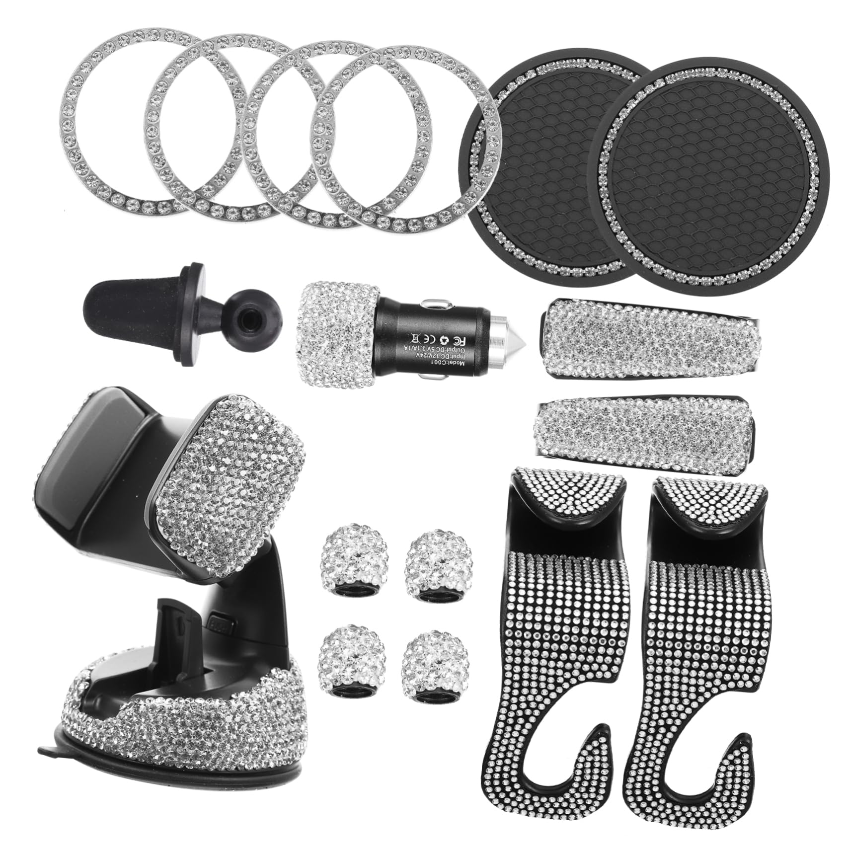 GRADENEVE Strass Autozubehör Set Glitzer Zündknopf Ring Untersetzer & Handyhalterung Für Armaturenbrett üftung Smartphone Halter Kit von GRADENEVE