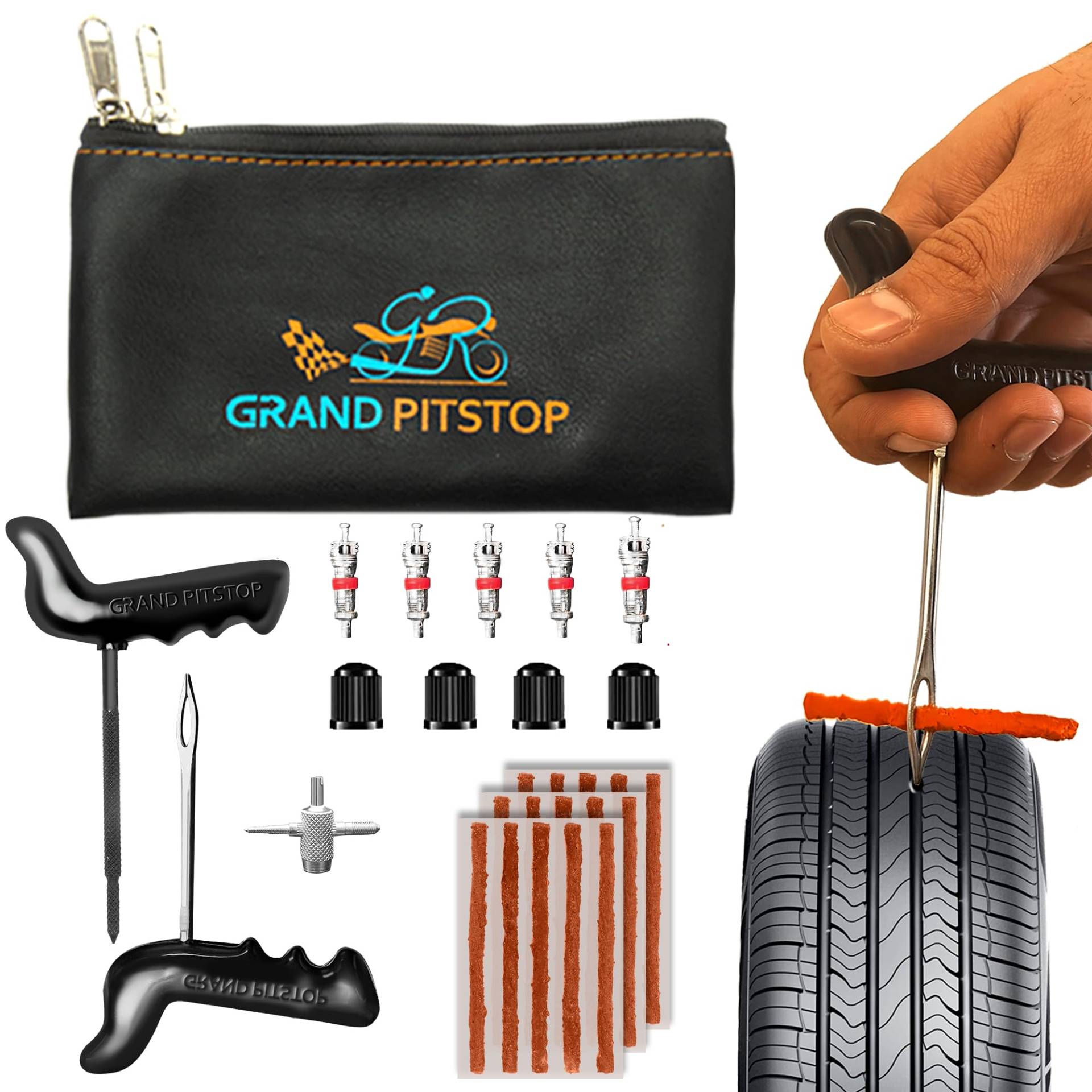 GRAND PITSTOP 27 Pcs Universal Tire Repair Kit, Heavy Duty Car Emergency Tool Kit for Flat Tire Puncture Repair, Compact Kit for Autos, Cars, Motorcycles, Trucks, RVs, etc. (15 Strips) von GRAND PITSTOP