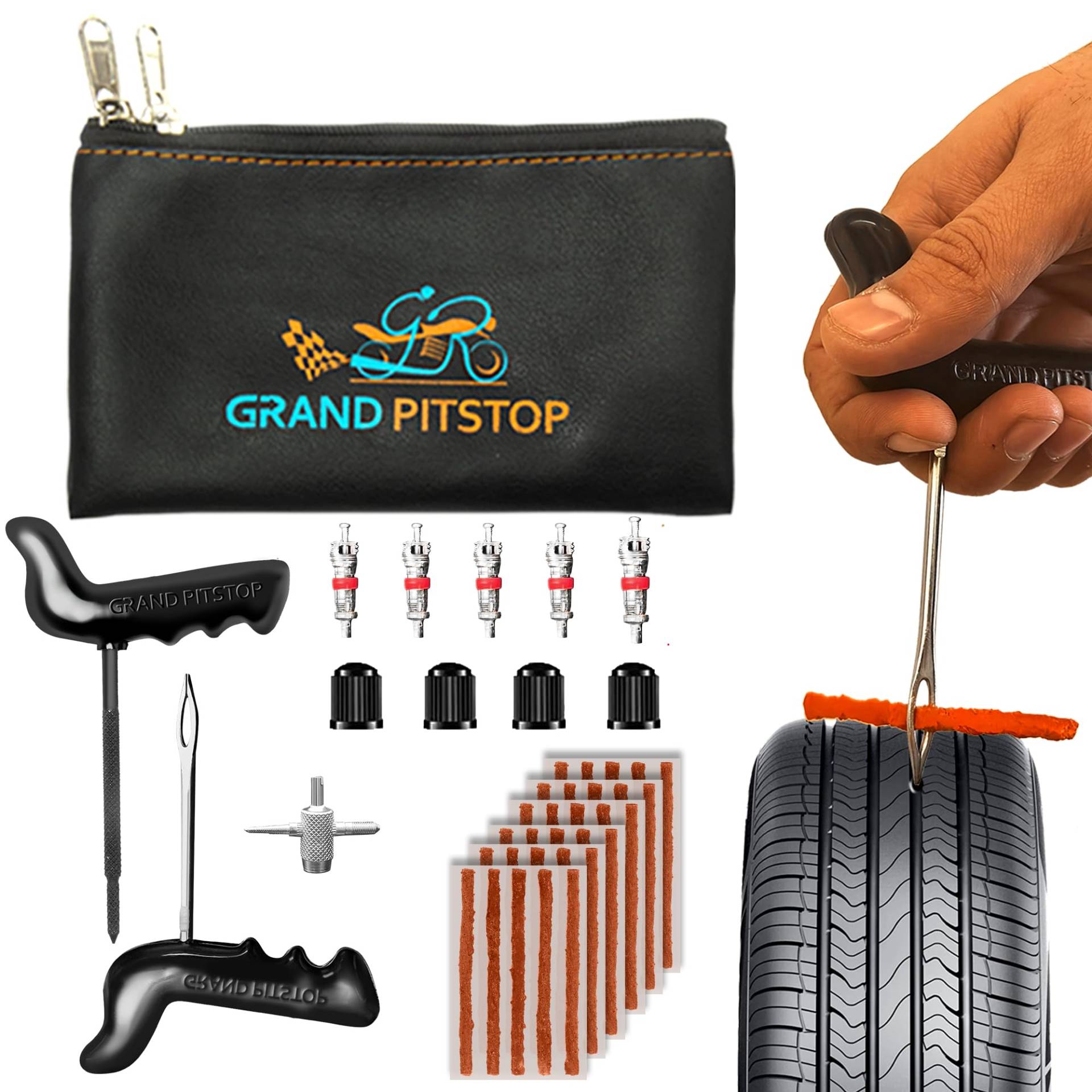 GRAND PITSTOP 42 Pcs Universal Tire Repair Kit, Heavy Duty Car Emergency Tool Kit for Flat Tire Puncture Repair, Compact Kit for Autos, Cars, Motorcycles, Trucks, RVs, etc.(30 Strips) von GRAND PITSTOP