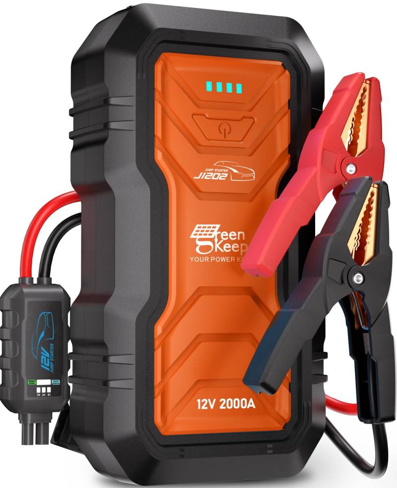 Starthilfe Powerbank 2000A Tragbarer 12V Starthilfekabel & Booster für Benzin 7.0L, Diesel 6.5L Auto Starthilfe mit Jump Starter Safe Autobatterie Booster KFZ DC 12V/6A, Effizient für alle Wetterlagen von GREEN KEEPER