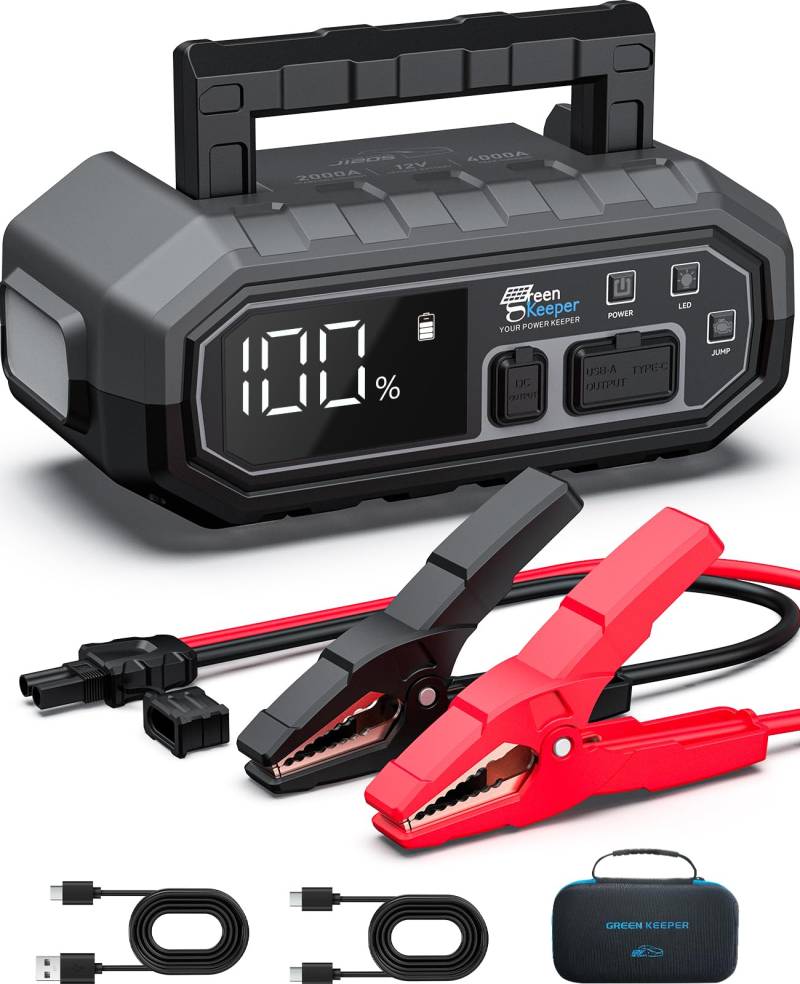 Starthilfe Powerbank 4000A Tragbarer 12V Starthilfekabel & Booster für Benzin/Diesel 10.0L Auto Starthilfe mit Jump Starter Safe Autobatterie Booster KFZ Effizient für alle Wetterlagen von GREEN KEEPER