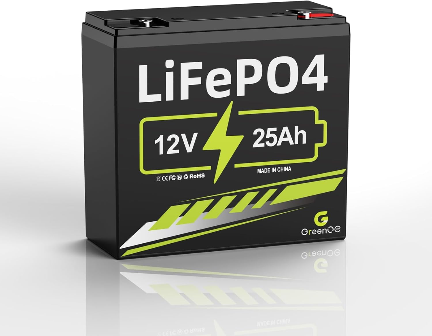 GREENOE 12V 25Ah LiFePO4-Batterie mit eingebautem 10A BMS, 3000+ Deep-Cycle-Lithiumbatterie, 10 Jahre Lebensdauer, einsetzbar für Solaranlage, Antriebsräder, Fischfinder, Outdoor-Camping, Roller von GREENOE