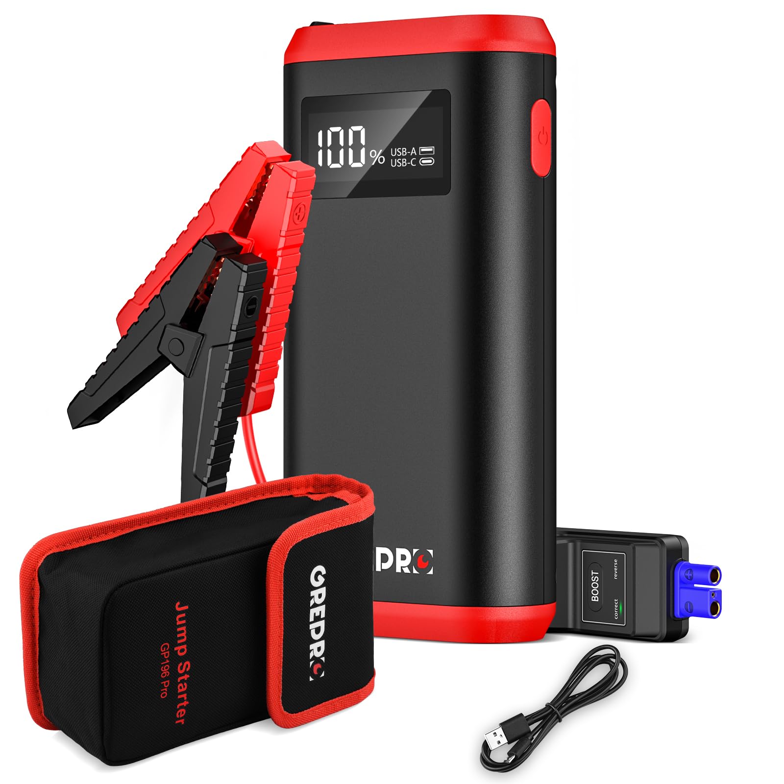 GREPRO Starthilfe Powerbank, Auto Starthilfe Powerbank (bis zu 10.0L Benzin,8.0L Diesel) für 12V Starter Powerbank, 3000A Tragbare Auto Starthilfe mit LCD Bildschirm Leistungsanzeige, LED Taschenlampe von GREPRO