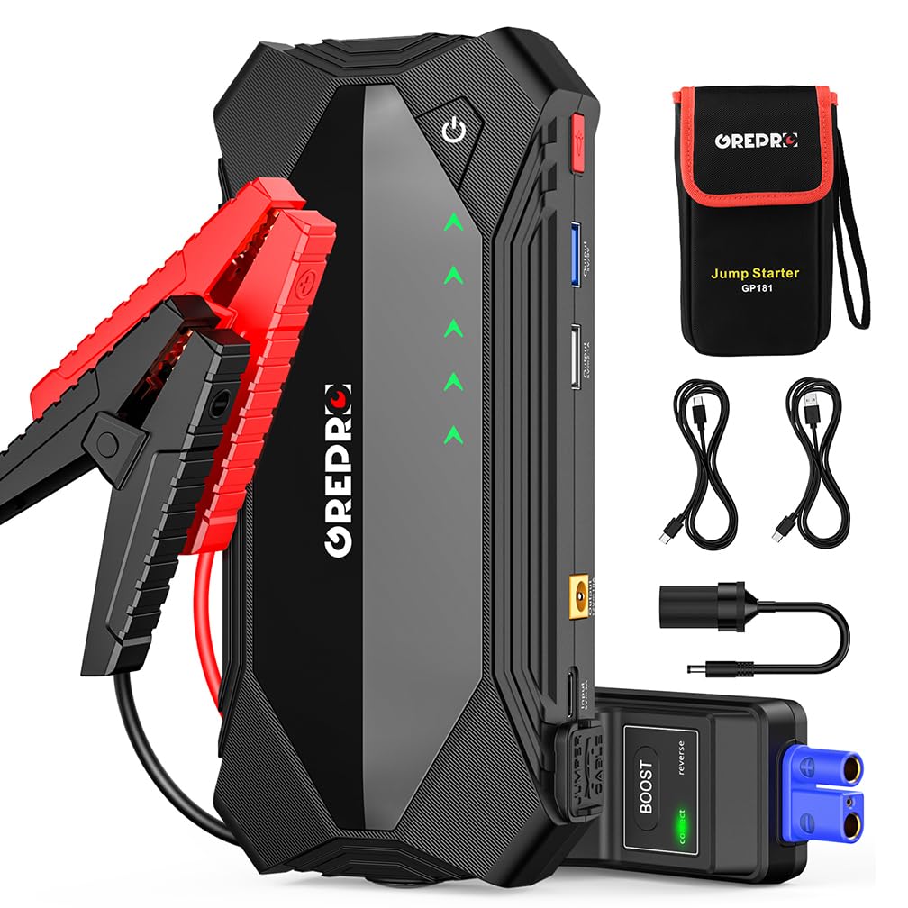 GREPRO 3000A Starthilfe Powerbank, Auto Starthilfe Powerbank für 12V Jump Starter (bis zu 10.0L Benzin,8.0L Diesel), Tragbare Starthilfe mit USB Schnellladung 3.0 Ports,LED Taschenlampe Kompass von GREPRO