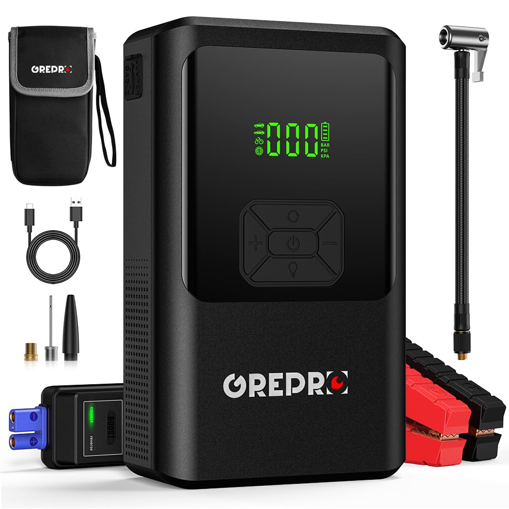 GREPRO 5-in-1 Starthilfe Powerbank mit Kompressor, 3000A 150PSI Auto Starthilfe Powerbank für 12V Jump Starter, Starthilfe mit Digitale Anzeige und LED Taschenlampe(bis zu 10.0L Benzin,8.0L Diesel) von GREPRO