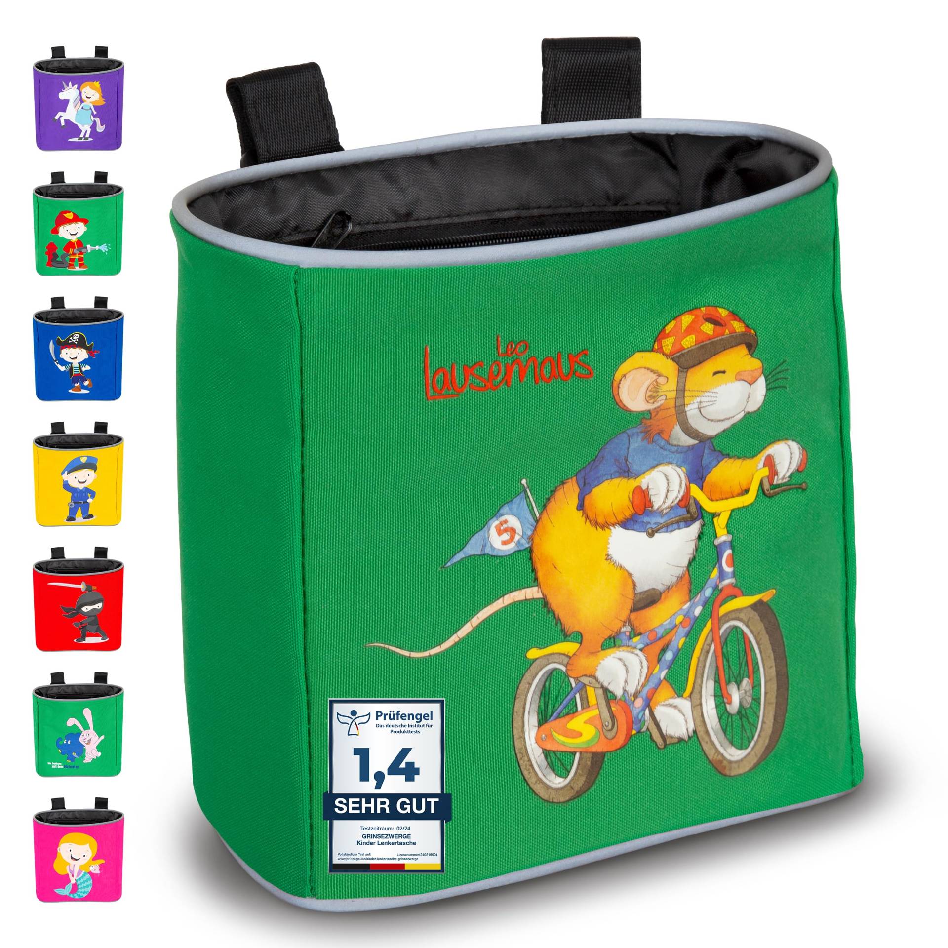 GRINSEZWERGE Lenkertasche Leo Lausemaus, 15 x 15 x 9 cm, Polyester, Blau/Lila, Gepäck- Kindergepäck, Fahrrad kompatibel von GRINSEZWERGE