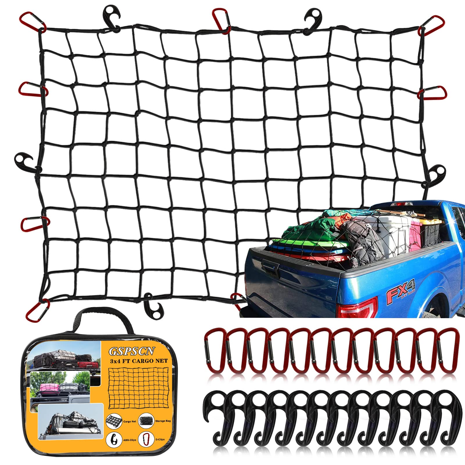 GSPSCN Gepäcknetz 1,2 x 0,9 m für LKW, Pickup-Bett, Anhänger, Boot, Wohnmobil, SUV, dehnbar bis zu 3,6 x 2,7m 10cmx10cm Mesh Heavy Duty Bungee Netz von GSPSCN