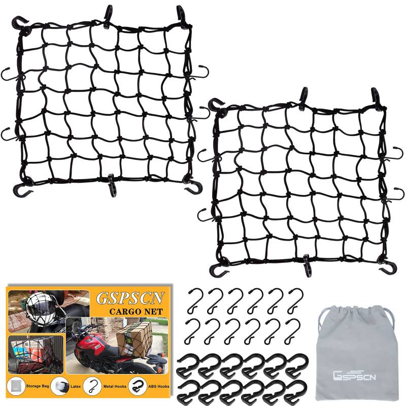 GSPSCN Gepäcknetz Motorrad 40x40 cm, Latex Heavy Duty Bungee Cord Netz dehnt Sich zu 120x120 cm, dicken Gepäck Netz mit 6x6 cm Mesh&12 Haken für Motorrad, Fahrrad, ATV（2-Packung） von GSPSCN